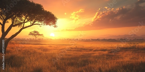 Sunrise over the savanna and grass fields.