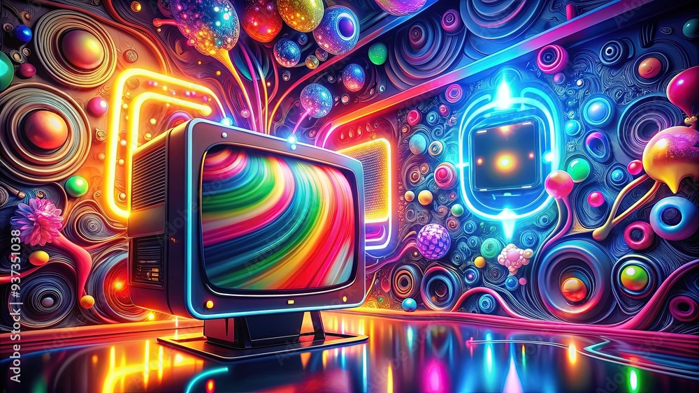 Vibrant digital art depicting a futuristic TV screen with colorful swirling patterns and neon lights, surrounded by comic book-inspired speech bubbles and graphic novel elements. Vibrant digital art depicting a futuristic TV screen with colorful swirling patterns and neon lights, surrounded by comic book-inspired speech bubbles and graphic novel elements.