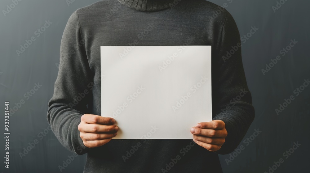 A man is holding an empty white paper with his hands on a grey background. An empty space for a text, title, or a wish. Background with copy space. A man is holding an empty white paper with his hands on a grey background. An empty space for a text, title, or a wish. Background with copy space.