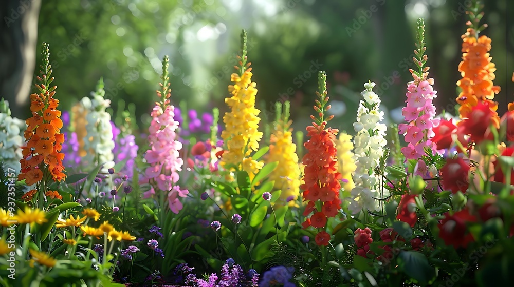 Obraz premium A vibrant garden filled with colorful flowers in various shades, creating a serene and beautiful landscape.