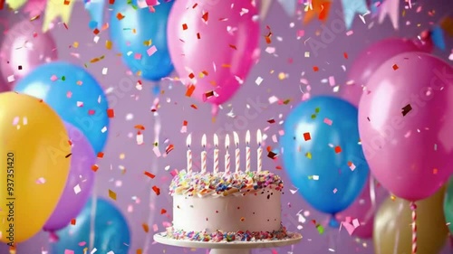 A festive birthday scene with a decorated cake, candles, and colorful balloons.