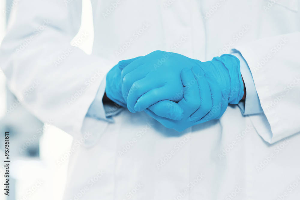 Scientist, gloves and hands at laboratory for science research, investigation and clinical study. Person, professional and lab coat for healthcare with help, support and cure discovery or development