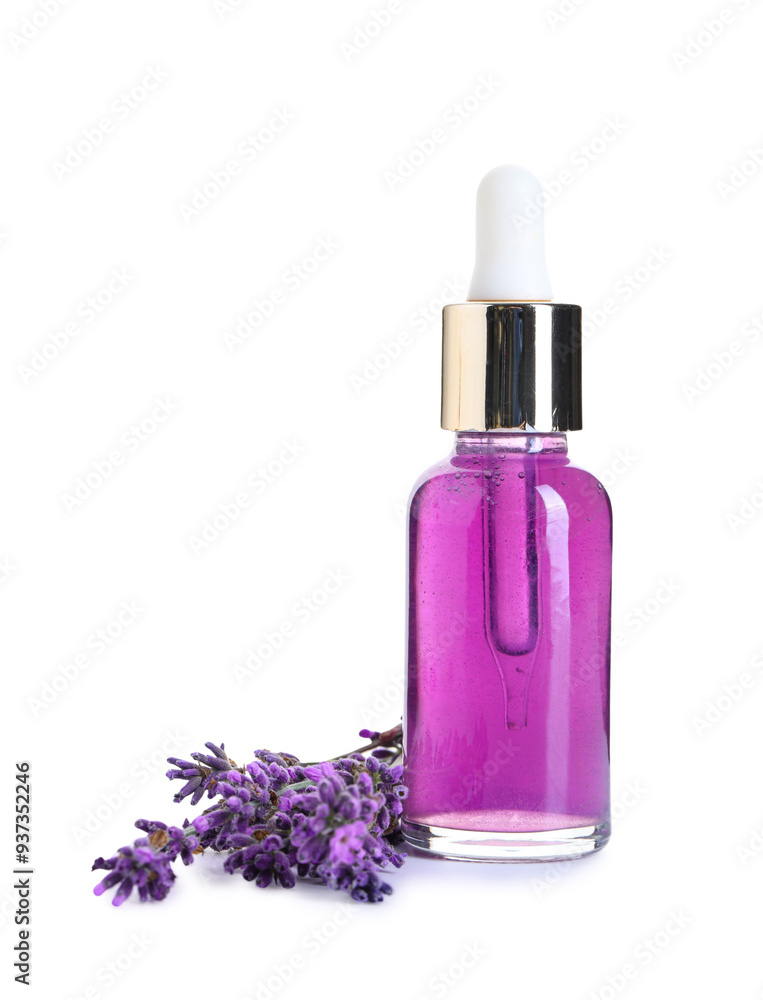 Bottle of lavender essential oil and flowers on white background, closeup Bottle of lavender essential oil and flowers on white background, closeup