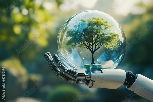Robot hand with plants, Green technology and Environmental technology.