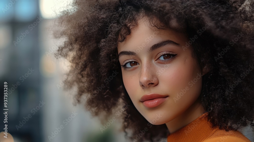 Portrait of a Stylish Young Woman with Curly Hair Against City Background Portrait of a Stylish Young Woman with Curly Hair Against City Background