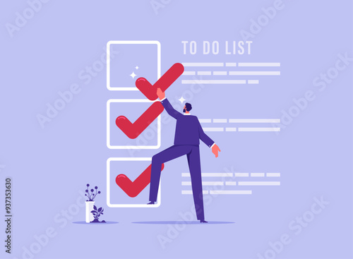 Complete to do list concept, accomplish project plan or finish tasks in schedule help achieve business goal and objective done, businessman tick finished working project task checkbox on todo list