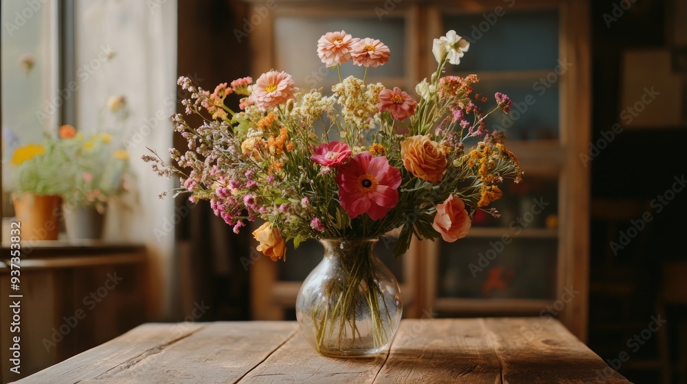 A beautiful arrangement of fresh flowers in a glass vase on a wooden table, home decor and nature concept A beautiful arrangement of fresh flowers in a glass vase on a wooden table, home decor and nature concept