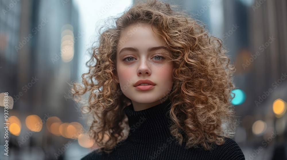 Portrait of a Stylish Young Woman with Curly Hair Against City Background Portrait of a Stylish Young Woman with Curly Hair Against City Background