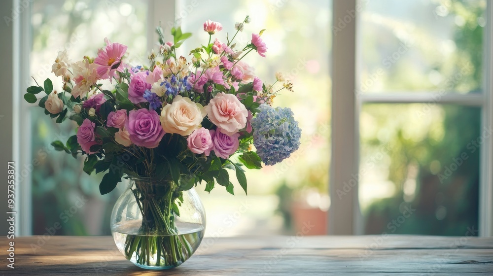 A beautiful arrangement of fresh flowers in a glass vase on a wooden table, home decor and nature concept A beautiful arrangement of fresh flowers in a glass vase on a wooden table, home decor and nature concept