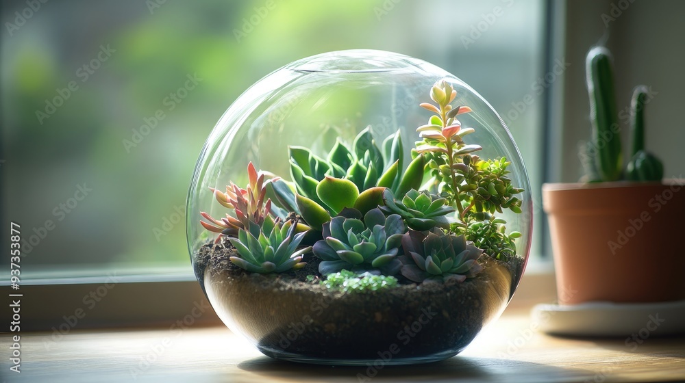 A beautiful arrangement of succulents in a modern glass terrarium, indoor gardening concept with copy space A beautiful arrangement of succulents in a modern glass terrarium, indoor gardening concept with copy space