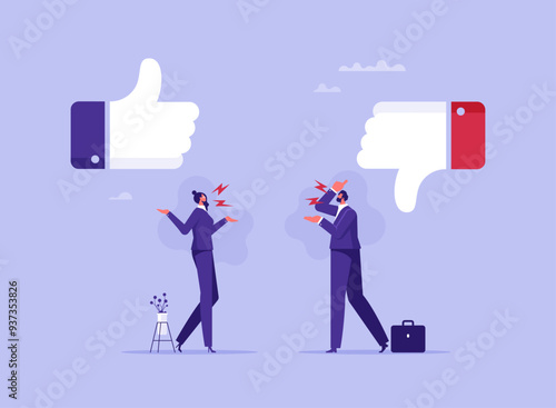 Conflict and argument between colleagues or people concept, controversy or difference opinion, disagree, businessman and woman furious arguing on difference thumb up and down