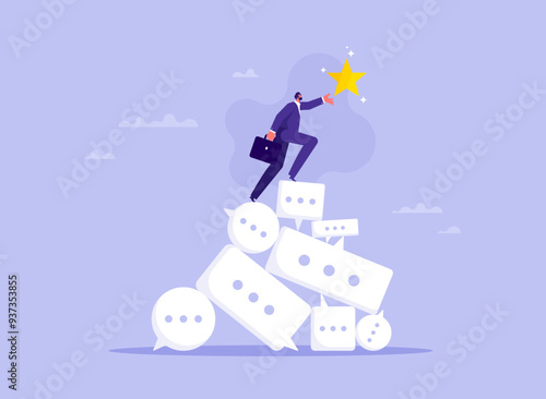 Feedback and comment for success concept, effective meeting or discussion to get solution and achieve target, businessman climb up conversation bubble to reach star