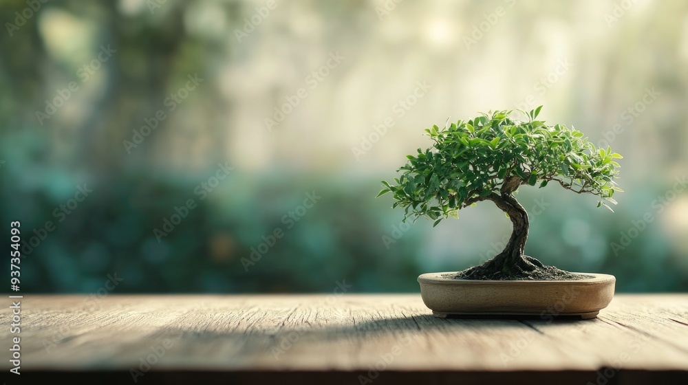 A beautiful bonsai tree on a wooden table, peaceful and meditative indoor plant concept with copy space A beautiful bonsai tree on a wooden table, peaceful and meditative indoor plant concept with copy space