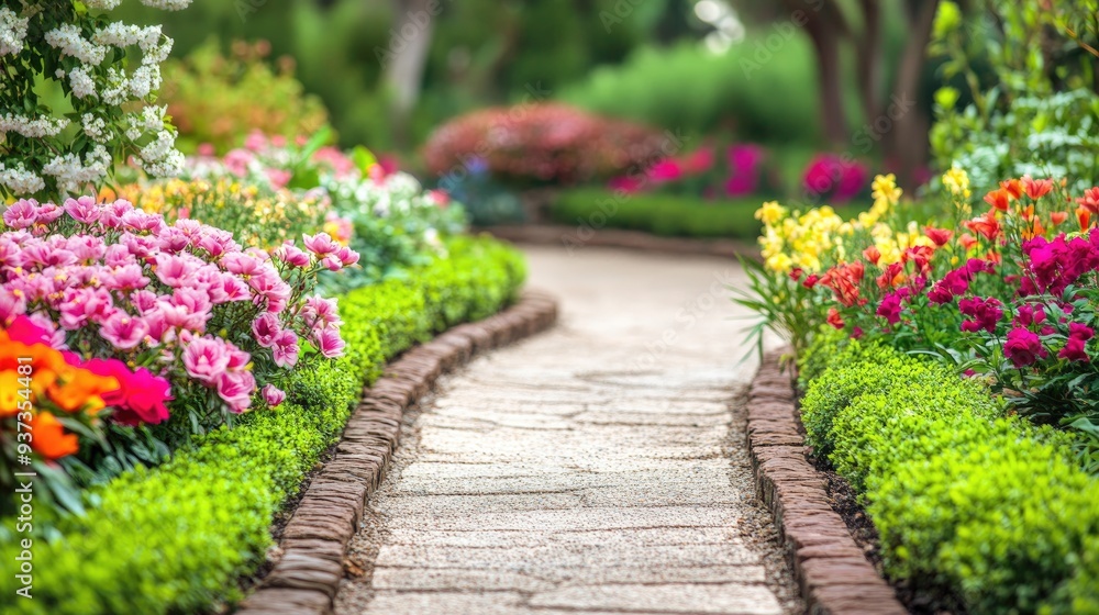 Obraz premium A beautiful garden pathway lined with colorful flowers and green shrubs, peaceful nature retreat concept