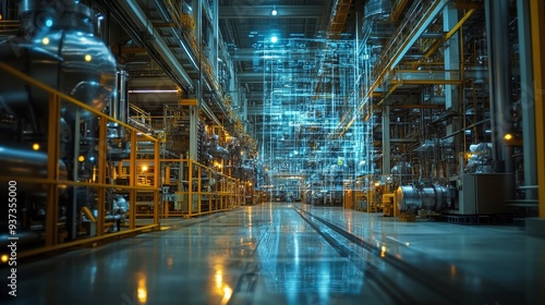 Holographic projection of industrial products in modern factories highlights advanced manufacturing technology, digital innovation, and high-tech industrial processes, integrating futuristic elements