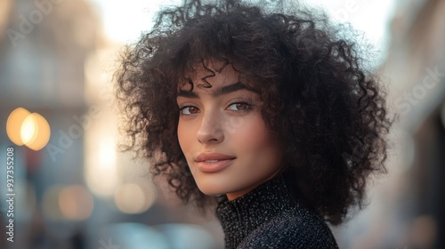 Portrait of a Stylish Young Woman with Curly Hair Against City Background