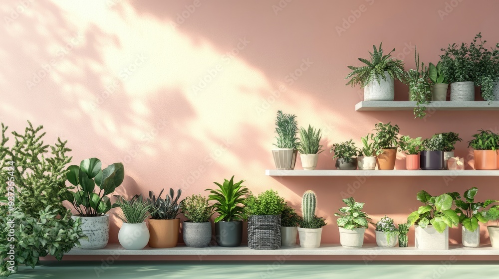 Fototapeta premium A beautiful indoor plant arrangement with a variety of potted plants on a shelf, modern home decor concept