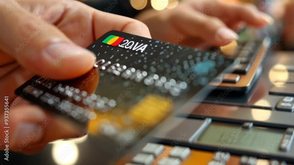 Closeup of a man holding a credit card and pressing buttons Closeup of a man holding a credit card and pressing buttons