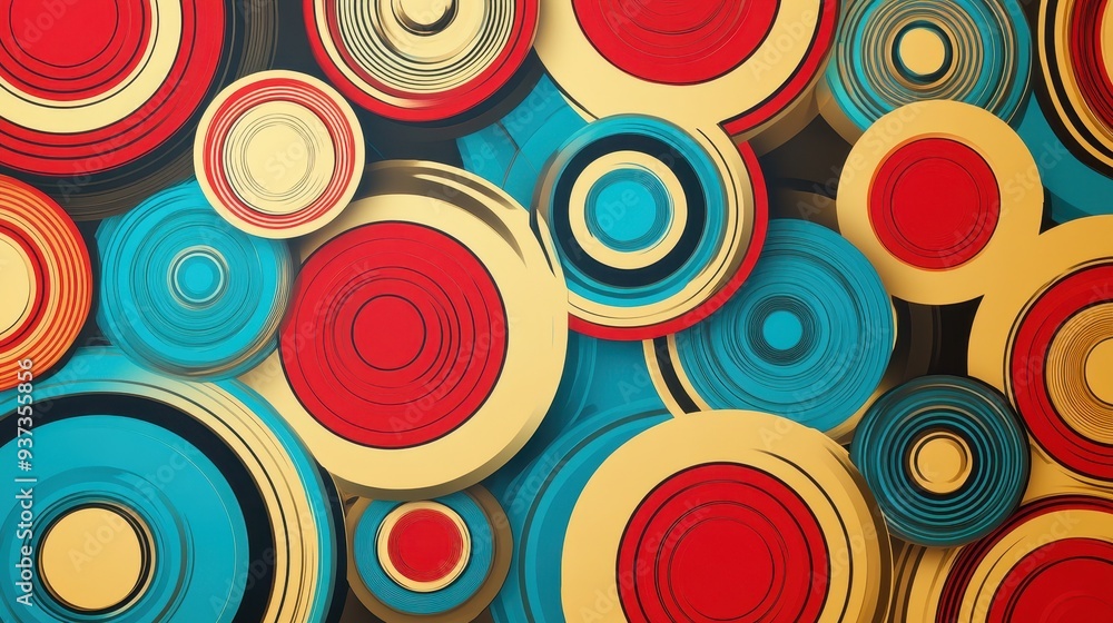 Fototapeta premium A vibrant abstract composition featuring layered circles in red, blue, and gold tones.