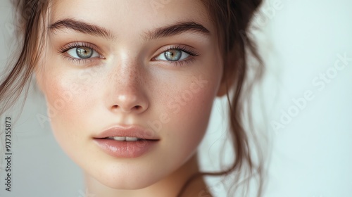 Closeup portrait of a young woman with flawless skin and soft lighting Bright background, natural beauty, and a serene, gentle atmosphere