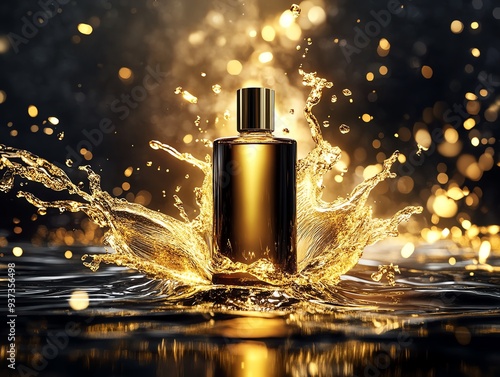 Cosmetic bottle surrounded by a splash of goldtoned liquid Highspeed capture, luxurious aesthetic, sharp focus, and dark background photo