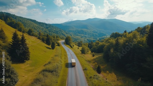 Road winding through Carpathian hills, Svydovets looming. photo