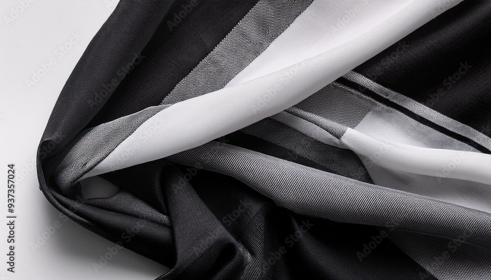 Fototapeta premium Blank black and white twill silk scarf mockup, top view