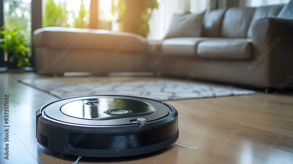 A robot vacuum cleaner autonomously navigating and cleaning the living room floor with ample blank space around the frame for copy or text overlay A robot vacuum cleaner autonomously navigating and cleaning the living room floor with ample blank space around the frame for copy or text overlay
