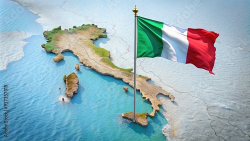 Vibrant Italian flag waves against a white background, with a subtle map of Italy's boot-shaped peninsula and surrounding islands embossed in the foreground. #937357018