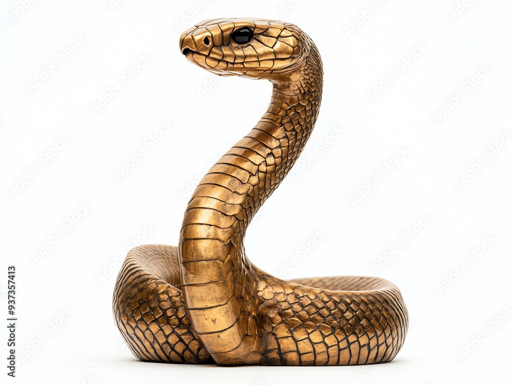 Golden cobra statue coiled and ready to strike, isolated on a white background High contrast, sharp details, and a powerful, majestic feel Golden cobra statue coiled and ready to strike, isolated on a white background High contrast, sharp details, and a powerful, majestic feel
