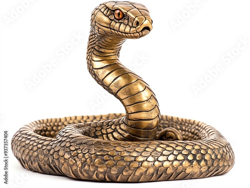 Golden cobra statue coiled and ready to strike, isolated on a white background High contrast, sharp details, and a powerful, majestic feel