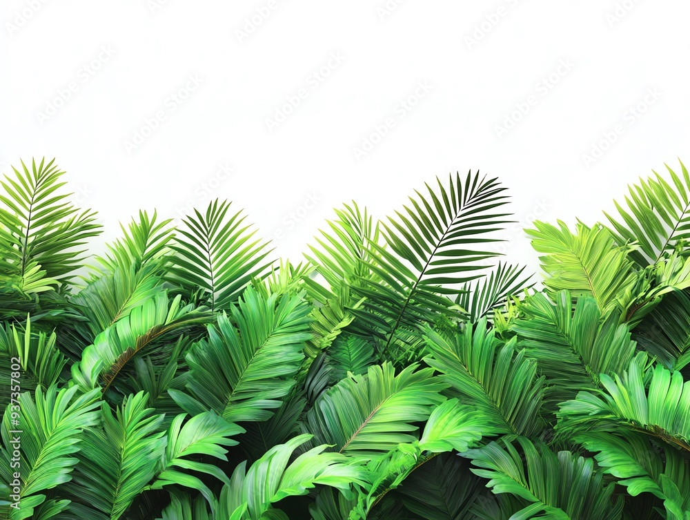 Lush green palm leaves forming a dense hedge against a white background Front view, bright lighting, high contrast, and a vibrant, tropical feel Lush green palm leaves forming a dense hedge against a white background Front view, bright lighting, high contrast, and a vibrant, tropical feel