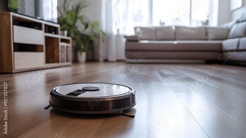 Robotic Housekeeper Efficiently Mops a Spotless Modern Home Interior Symbolizing the Convenience and Automation of Cleaning Tasks in the Future