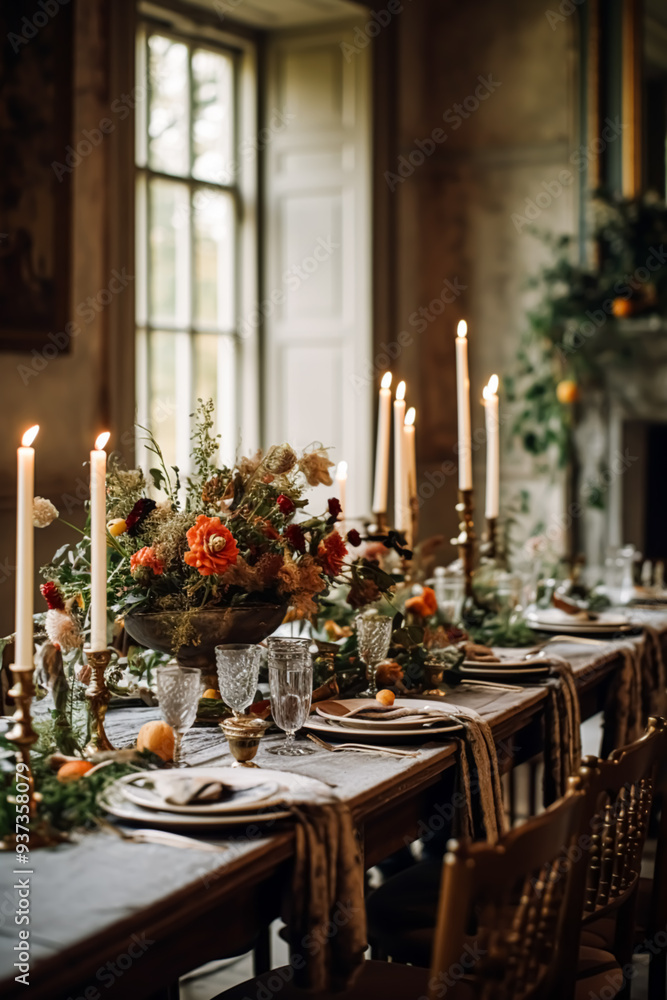 Wedding, event celebration and autumn holiday tablescape, classic autumnal decor and formal dinner table setting in the country mansion, table scape with candles and floral decoration idea Wedding, event celebration and autumn holiday tablescape, classic autumnal decor and formal dinner table setting in the country mansion, table scape with candles and floral decoration idea