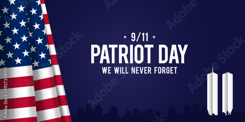 Patriot Day copy space banner background design template with American flag and twin towers silhouette