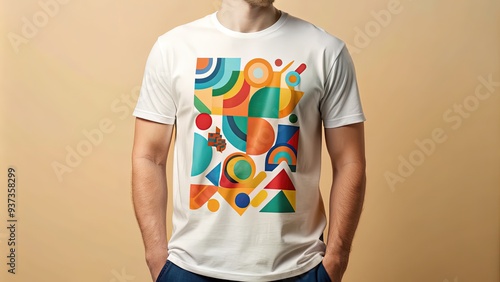 Vibrant multi-colored graphic print on a white customized t-shirt, with bold fonts and abstract shapes, standing out against a neutral studio background. photo