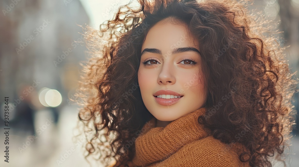 Portrait of a Stylish Young Woman with Curly Hair Against City Background Portrait of a Stylish Young Woman with Curly Hair Against City Background