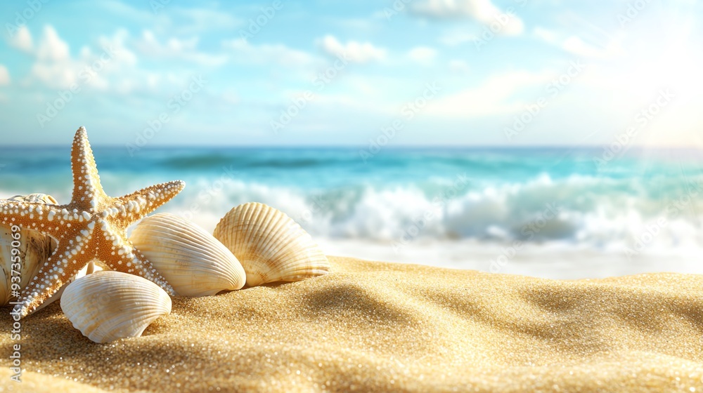 Starfish and seashells resting on golden sand with the ocean and sky in the background Bright daylight, vibrant colors, and a serene beach atmosphere Starfish and seashells resting on golden sand with the ocean and sky in the background Bright daylight, vibrant colors, and a serene beach atmosphere