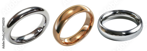 Wedding rings set isolated on transparent background with different designs and materials.