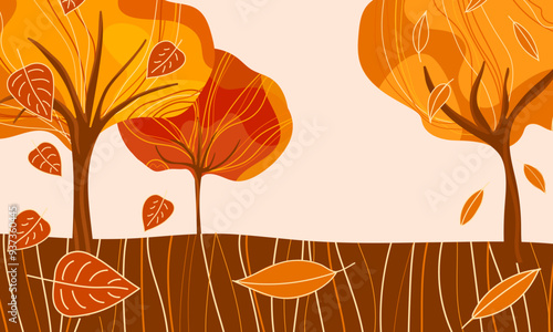 Autumn landscape with trees, falling leaves on the ground. Horizontal abstract textured banner, poster. Template for sales flyer with copy space. Background with autumn nature in park