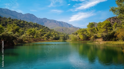 A serene green lake surrounded by trees and mountains, peaceful nature retreat and relaxation concept, landscape view