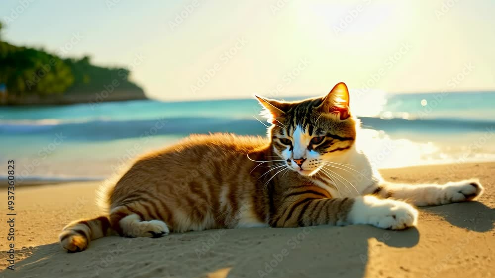 A playful cat enjoying the sandy beach at sunset with gentle waves lapping nearby A playful cat enjoying the sandy beach at sunset with gentle waves lapping nearby