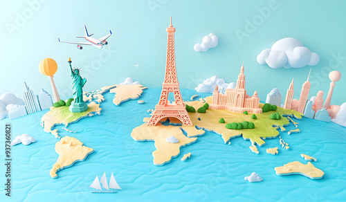 Illustration of a trip around the world, featuring famous landmarks on a globe. The artwork showcases various iconic monuments and creates a world travel background.
