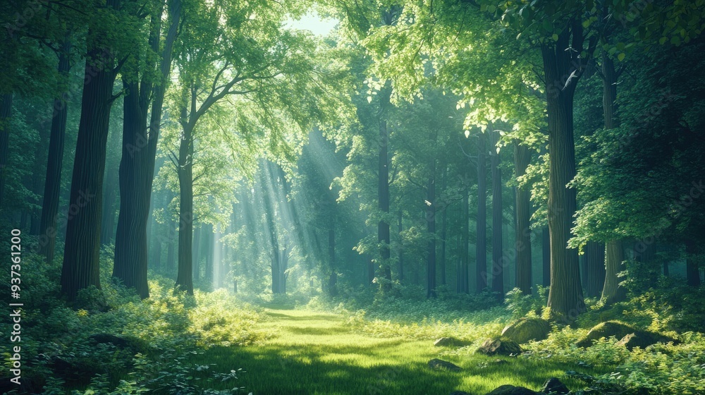 A tranquil green forest with tall trees and dappled sunlight filtering through the leaves, peaceful nature scene A tranquil green forest with tall trees and dappled sunlight filtering through the leaves, peaceful nature scene