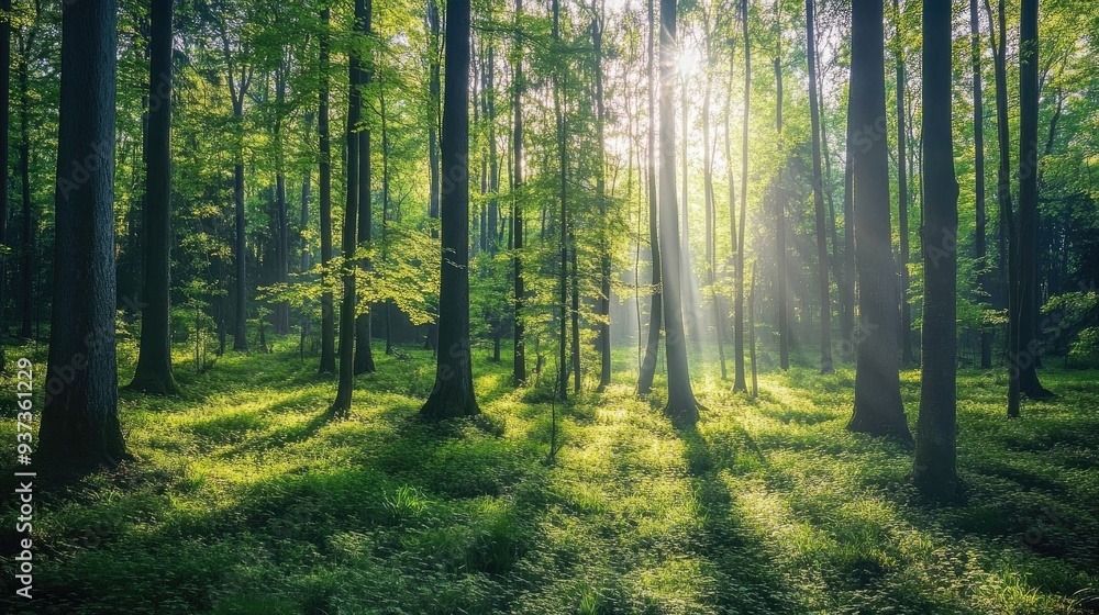 Fototapeta premium A tranquil green forest with tall trees and dappled sunlight filtering through the leaves, peaceful nature scene