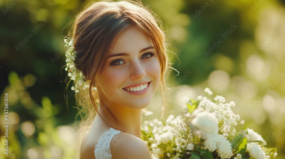 Fototapeta premium Bride holds flowers in garden.