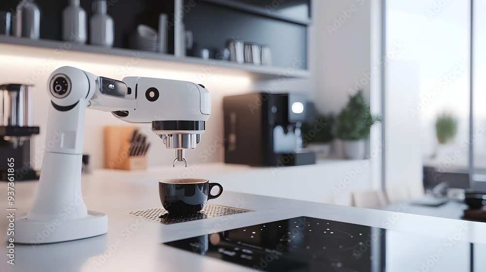 Automated Robot Assistant Preparing Coffee in a Sleek Modern Kitchen Environment with Clean Background for Copy Space Automated Robot Assistant Preparing Coffee in a Sleek Modern Kitchen Environment with Clean Background for Copy Space