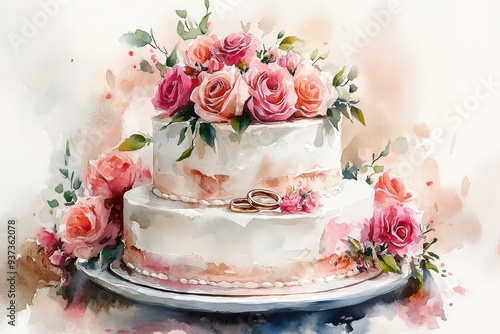 Delicious white wedding cake decorated with pink roses and golden rings watercolor painting photo