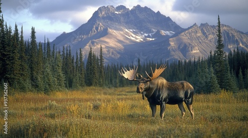 Large bull moose standing in a field with mountains in the background