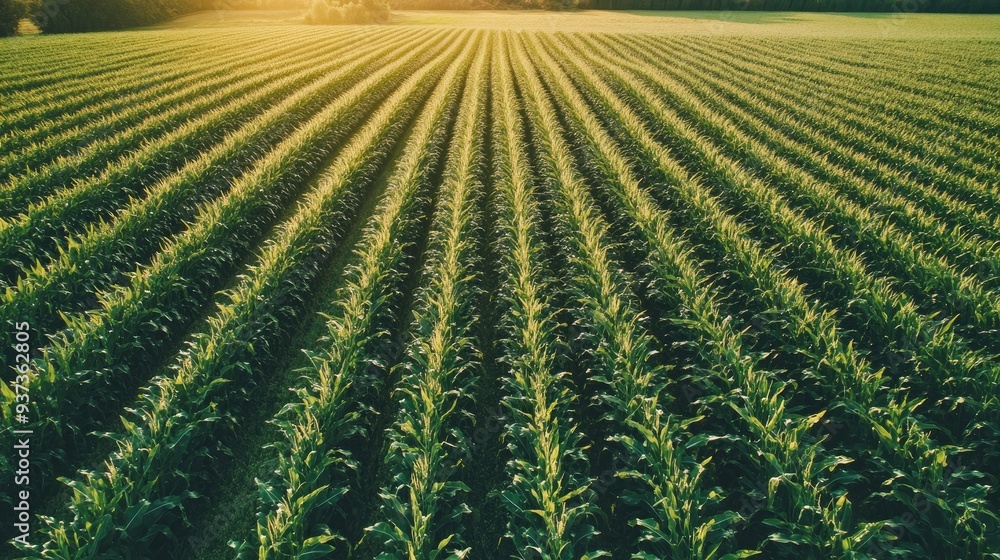 Aerial view of a green cornfield with rows of tall stalks, agricultural ...